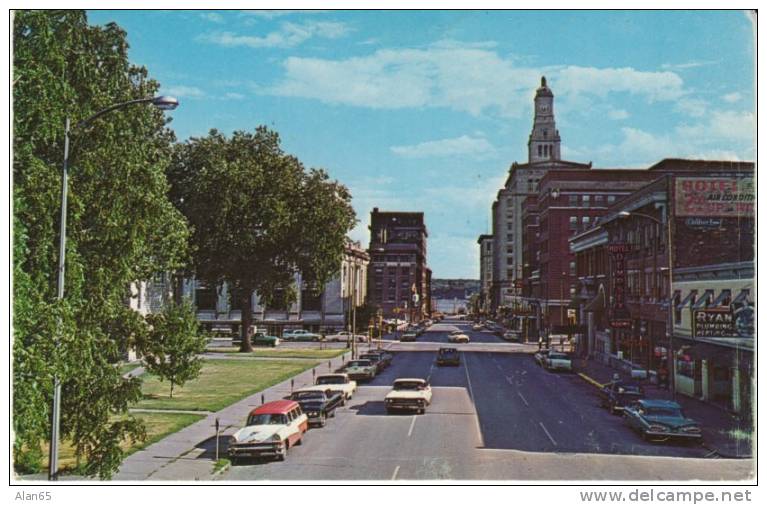 Davenport IA Iowa, Main Street Scene, Autos Business Signs, C1950s Vintage Postcard - Davenport