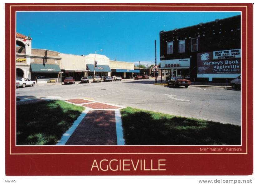 Aggieville In Manhattan KS Kansas, Main Street Scene, Autos Book Store Business Signs, C1980s/90s Vintage Postcard - Manhattan