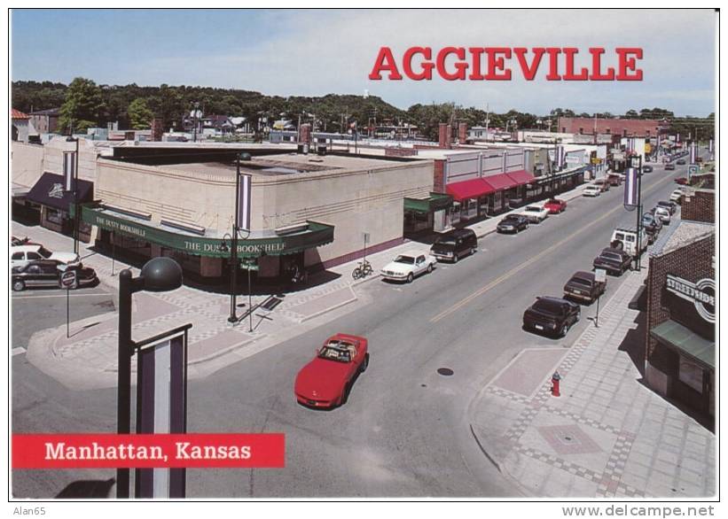 Manhattan KS Kansas, Aggieville KSU Main Street Scene, Book Store Autos, C1990s Vintage Postcard - Manhattan