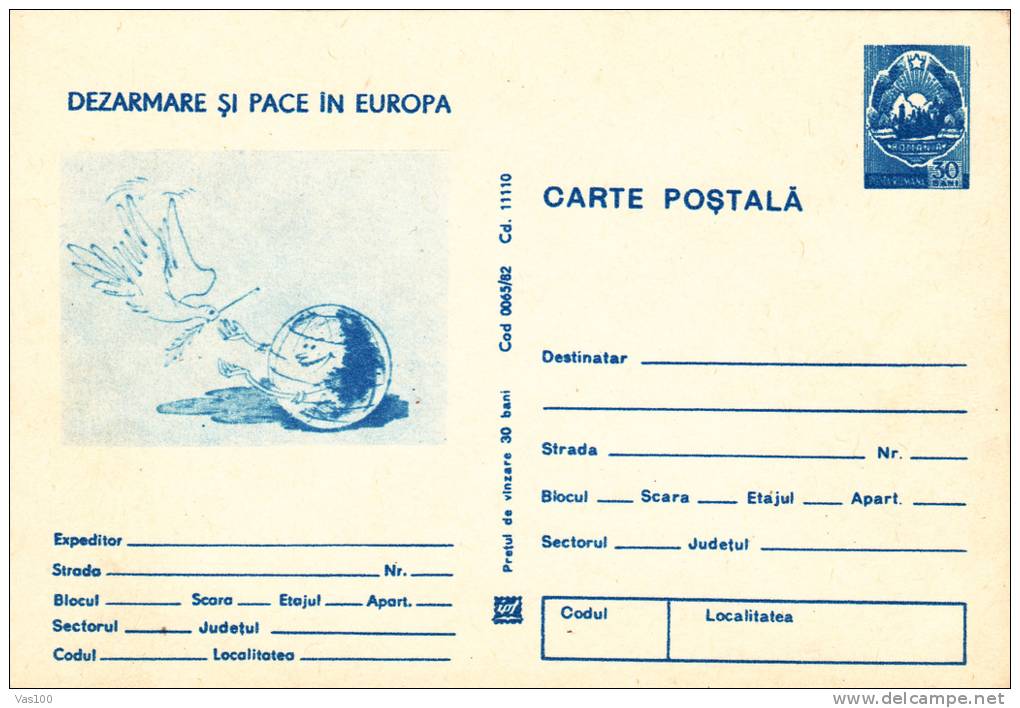 PIGEON, DISARMAMENT AND PIECE IN EUROPE, 1982, CARD STATIONERY, ENTIER POSTAL, UNUSED, ROMANIA - Tauben & Flughühner