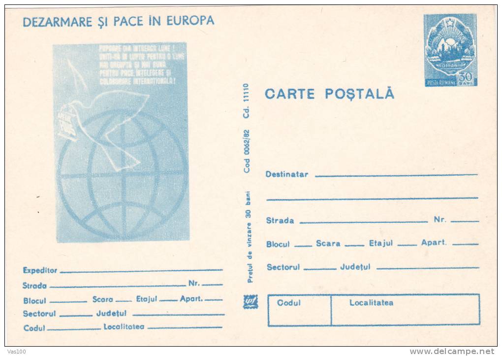 PIGEON, DISARMAMENT AND PIECE IN EUROPE, 1982, COVER STATIONERY, ENTIER POSTAL, UNUSED, ROMANIA - Tauben & Flughühner