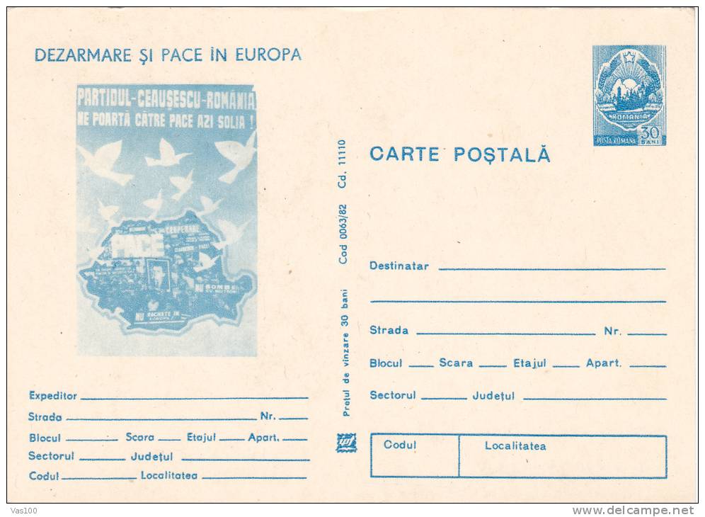 PIGEONS, DISARMAMENT AND PIECE IN EUROPE, 1982, COVER STATIONERY, ENTIER POSTAL, UNUSED, ROMANIA - Tauben & Flughühner