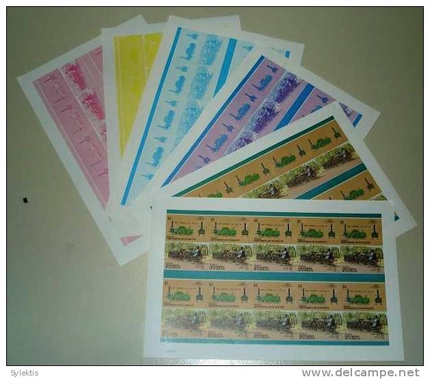 GRANADINES OF ST. VINCENT BEQUIA TRAINS LOCOMOTIVES PROOF SHEET MNH $2 - St.Vincent & Grenadines