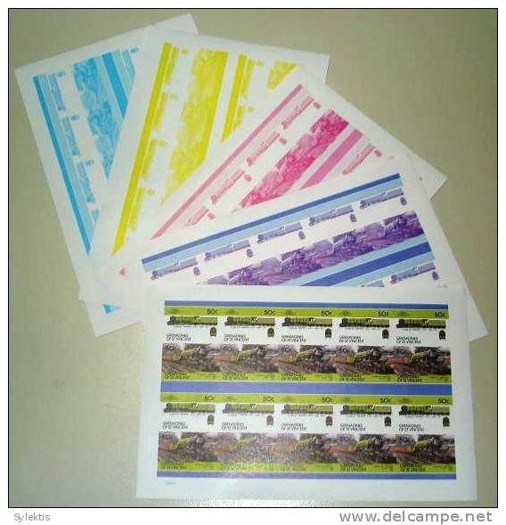 GRANADINES OF ST. VINCENT TRAINS LOCOMOTIVES PROOF SHEET MNH 50c - St.Vincent & Grenadines