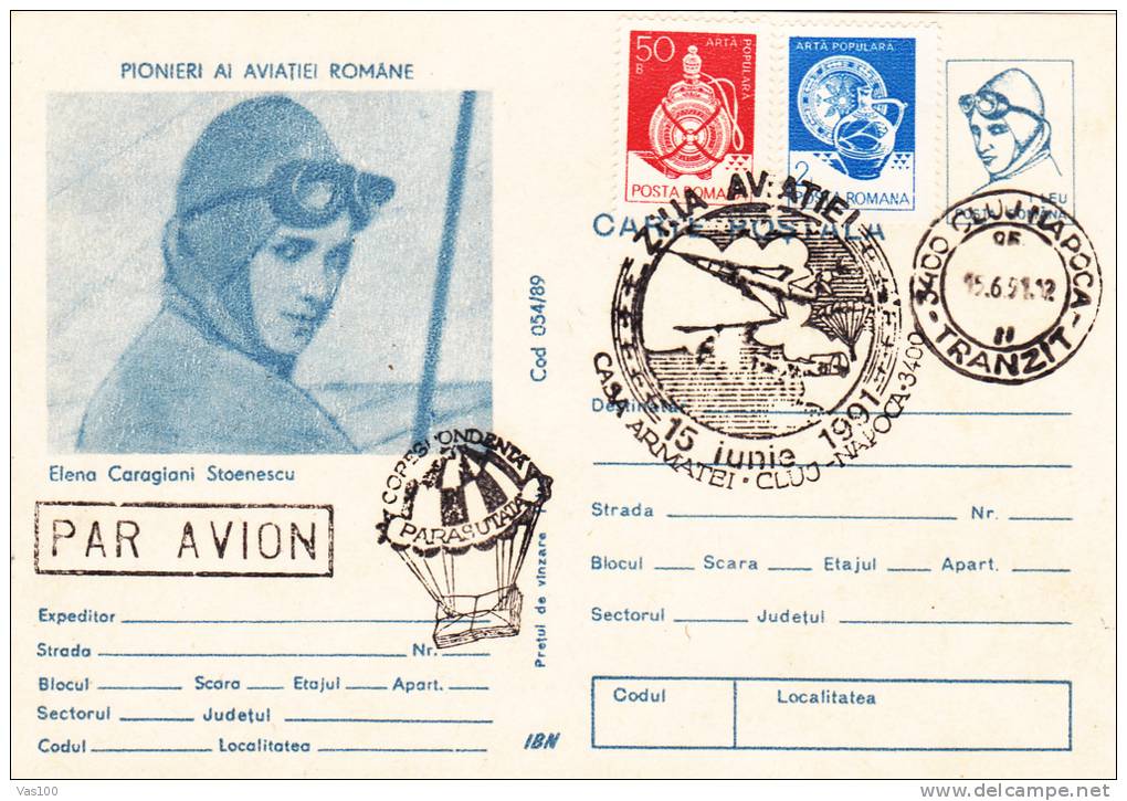 SKYDIVING, ELENA CARAGIANI STOENESCU, AVIATION PIONEER, 1989, CARD STATIONERY, ENTIER POSTAL, OBLITERATION CONC, ROMANIA - Parachutting