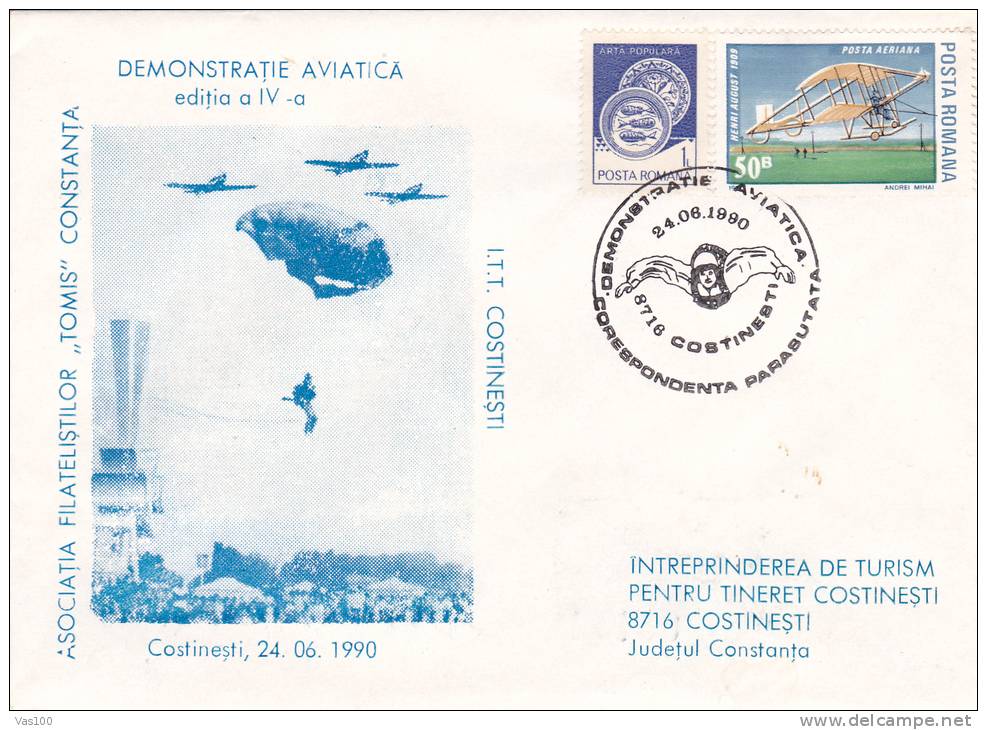 SKY DIVING, 1990, SPECIAL COVER, OBLITERATION CONCORDANTE, ROMANIA - Paracaidismo