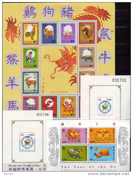 Chinesisches Neujahr Hongkong Block 45 Macao 832/43 KB Thailand Block 56I A+B ** 36€ Jahr Des Ochsen Hundes Schwein Affe - Astrología