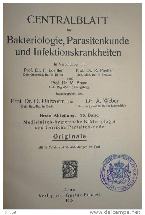 Bakteriologie Parasiten Infektionen Medizin **1915** Centralblatt Abbildungen, 601 Seiten, Mit 14 Tafeln Und 89 Textabbi - Altri & Non Classificati