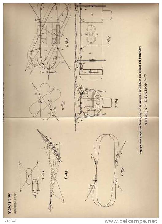 Original Patentschrift - A.v. Hoffmann In München ,1899 , Tauchboot , U-Boot , Boot !!! - Other & Unclassified