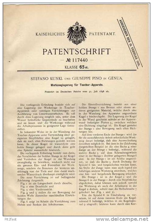 Original Patentschrift - S. Kunkl In Genua , 1898 , Divers, Diving ,  Taucher - Apparate !!! - Plongée