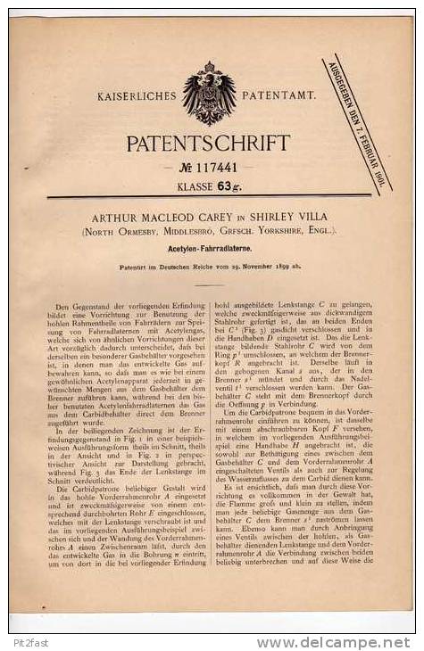 Original Patentschrift -  A. Carey In Yorkshire , 1899 , Laterne Für Fahrrad , Acetylen , Bicycle , Lamp !!! - Lighting & Lampshades