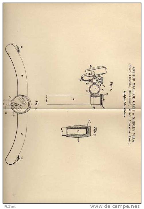 Original Patentschrift -  A. Carey In Yorkshire , 1899 , Laterne Für Fahrrad , Acetylen , Bicycle , Lamp !!! - Luminaires & Lustres