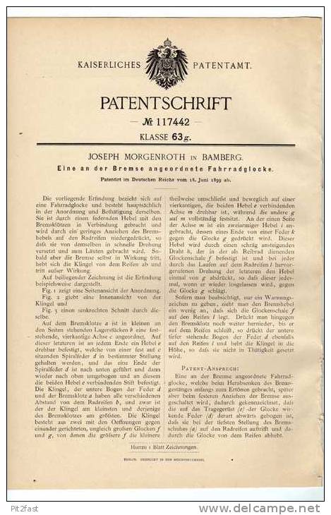 Original Patentschrift - J. Morgenroth In Bamberg , 1899 , Fahrrad , Glocke , Klingel !!! - Sonstige & Ohne Zuordnung