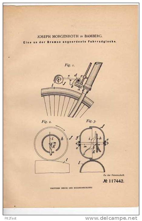 Original Patentschrift - J. Morgenroth In Bamberg , 1899 , Fahrrad , Glocke , Klingel !!! - Sonstige & Ohne Zuordnung