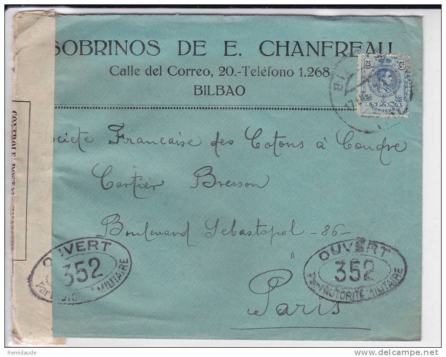 ESPAGNE - 1917 - ENVELOPPE COMMERCIALE AVEC CENSURE FRANCAISE De BILBAO Pour PARIS - Covers & Documents