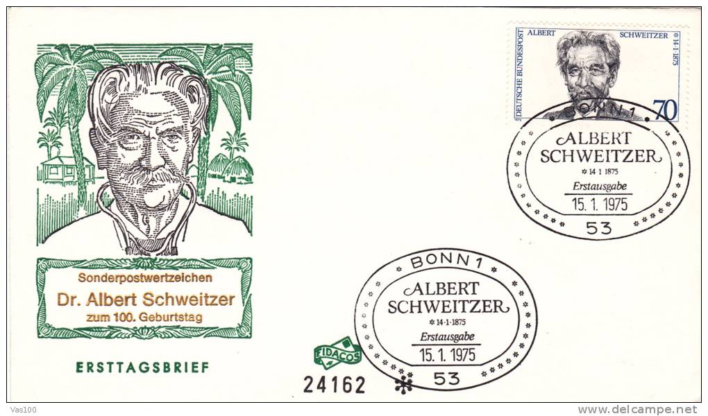 DR. ALBERT SCHWEITZER, 1975, SPECIAL COVER, OBLITERATION CONCORDANTE, GERMANY,MUSICIAN, MEDIC, TEOLOGIST, PHILOSOPHER - Albert Schweitzer