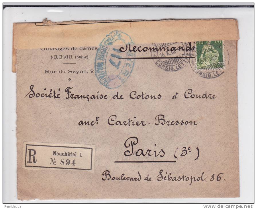 SUISSE - 1916 - ENVELOPPE COMMERCIALE RECOMMANDEE Avec CENSURE FRANCAISE De NEUCHATEL Pour PARIS - Covers & Documents