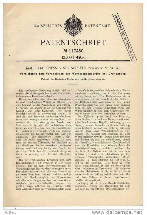 Original Patentschrift -  James Hartness In Springfield , USA , Drehbank , 1899 !!! - Máquinas