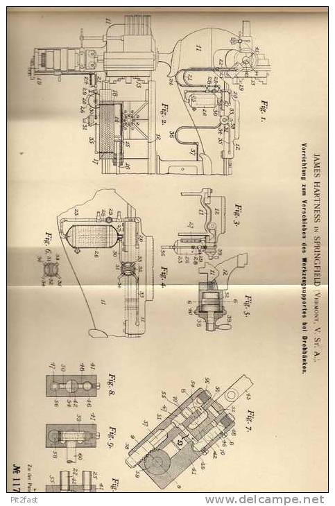 Original Patentschrift -  James Hartness In Springfield , USA , Drehbank , 1899 !!! - Machines