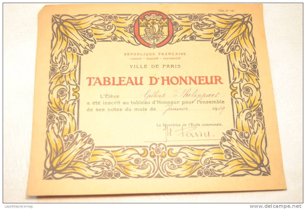 (AR4) Ancien Tableau D'Honneur, Ecole Communale De La Ville De Paris, Janvier 1929. Fille N°144 - Other & Unclassified