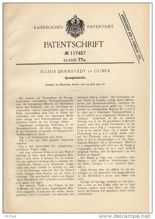 Original Patentschrift - J. Dennstedt In Guben , 1900 , Sprunghindernis , Hochsprung , Stabhochsprung , Leichtahletik ! - Otros & Sin Clasificación