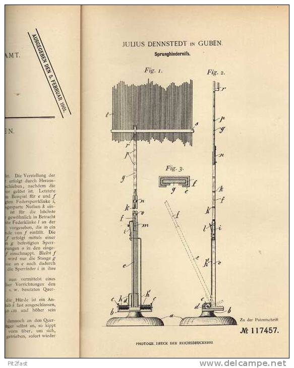 Original Patentschrift - J. Dennstedt In Guben , 1900 , Sprunghindernis , Hochsprung , Stabhochsprung , Leichtahletik ! - Sonstige & Ohne Zuordnung