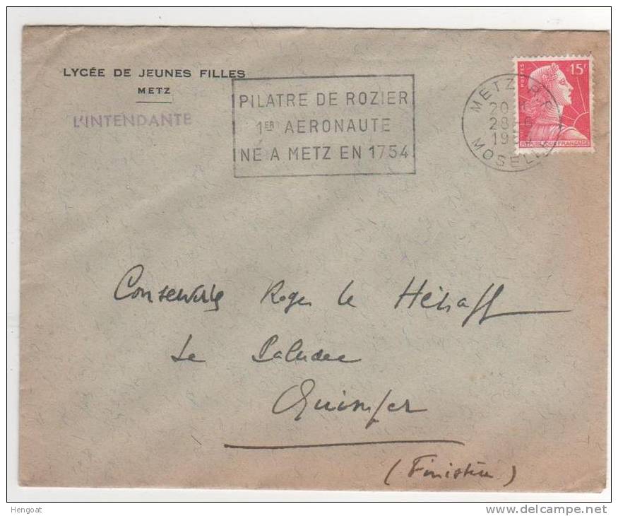 Flamme De  Metz  Thème "  Pilatre De Rozier ...." / Lettre Du 28/06/55 ( MET 158 ) - Storia Postale