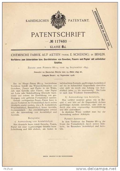 Original Patentschrift - Chem. Fabrik Auf Aktien In Berlin , Fasern , Gewebe , 1895 , Chemie !!! - Industrie