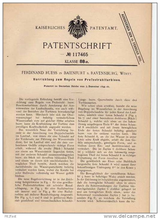 Original Patentschrift - F. Ruess In Baienfurt B. Ravensburg , 1899 , Preßstrahlturbine , Turbine !!! - Tools