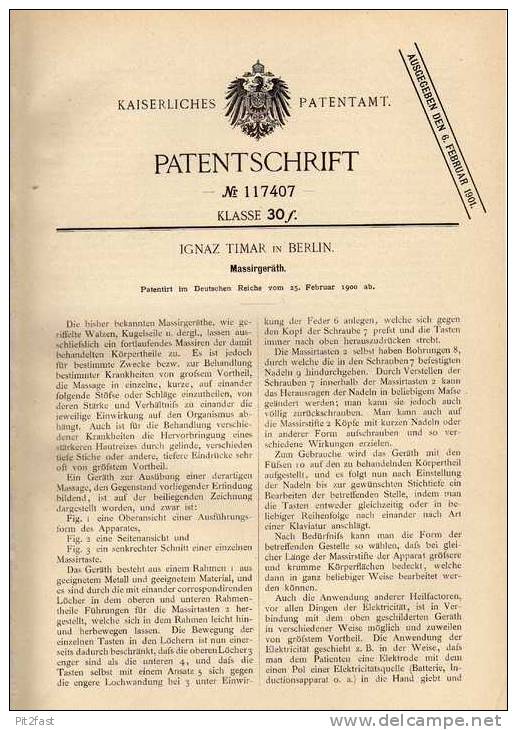 Original Patentschrift - Ignaz Timar In Berlin , 1900, Massiergerät , Arzt , Massage , Physioterapie !!! - Macchine