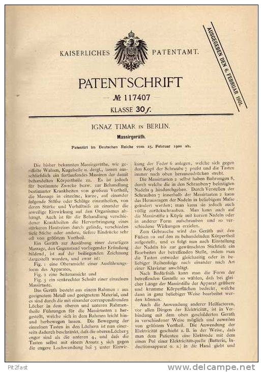 Original Patentschrift - Ignaz Timar In Berlin , 1900, Massiergerät , Arzt , Massage , Physioterapie !!! - Maschinen