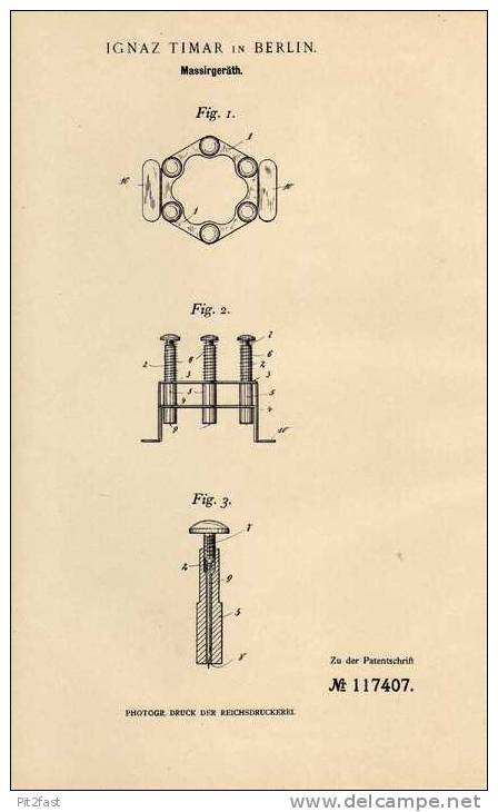 Original Patentschrift - Ignaz Timar In Berlin , 1900, Massiergerät , Arzt , Massage , Physioterapie !!! - Maschinen