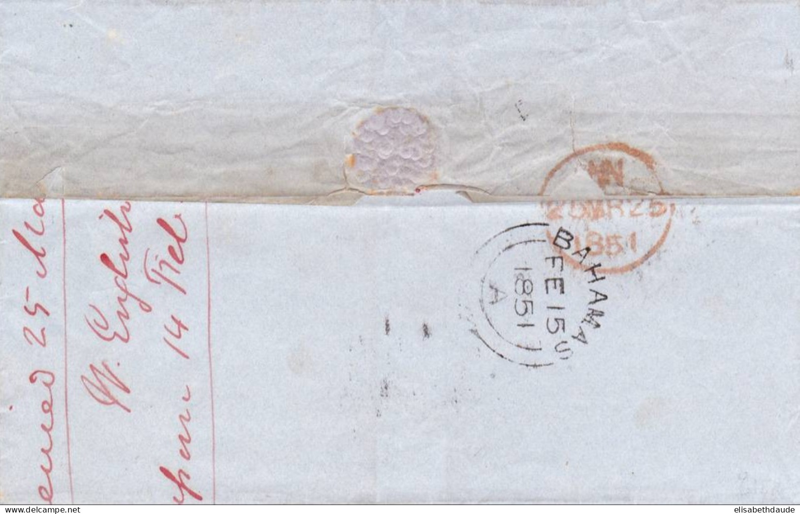 BAHAMAS - 1851 - RARE LETTRE De NASSAU Pour LONDON - 1859-1963 Colonie Britannique