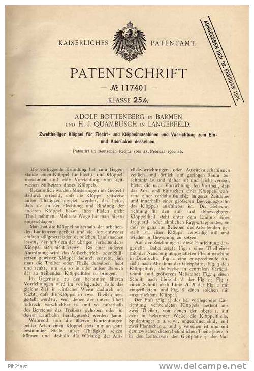 Original Patentschrift -  A. Bottenberg In Barmen Und Langerfeld ,1900 , Flechtmaschine , Flechten , Klöppeln !!! - Tools
