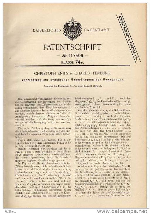 Original Patentschrift - Ch. Knips In Charlottenburg ,1899 , Apparat Zur Synchronisierung !!! - Machines