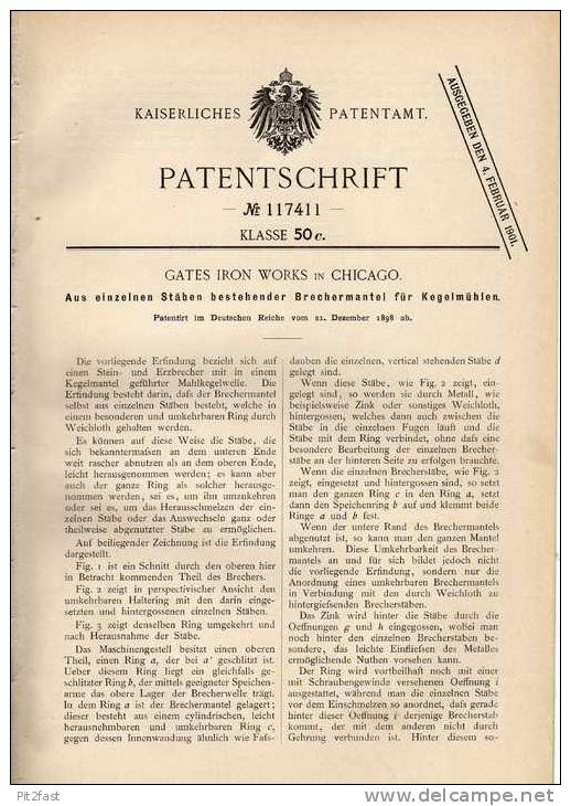 Original Patentschrift - Gates Iron Work In Chicago , 1898 , Stein- Und Erzbrecher !!! - Machines