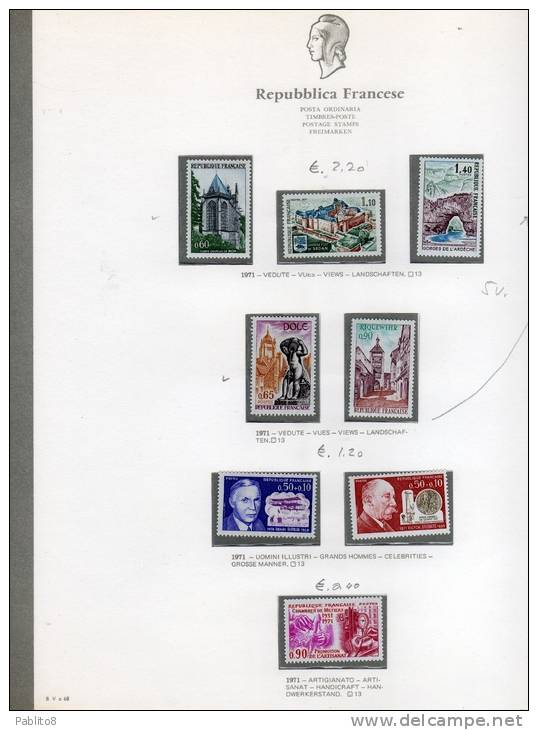 FRANCIA 1971 ANNATA MONTATA SU FOGLI GBE MNH - FRANCE VINTAGE MONTÉ SUR DES FEUILLES - 1970-1979