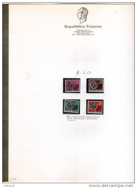 FRANCIA 1971 PREOBLITERATI MONTATO SU FOGLIO GBE MNH - FRANCE TIMBRES PREOBLITERES MONTÉ SUR DES FEUILLES - 1964-1988