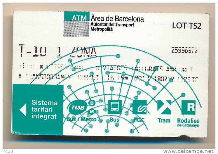 TICKET DE METRO : Barcelone T-10 1 ZONA, ATM Barcelona (Espagne) Lot TS2, Autoritat Del Transport Metropolita - Europa