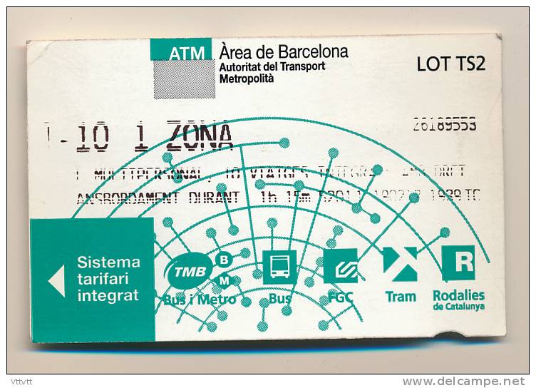 TICKET DE METRO : Barcelone T-10 1 ZONA, ATM Barcelona (Espagne) Lot TS2, Autoritat Del Transport Metropolita - Europa