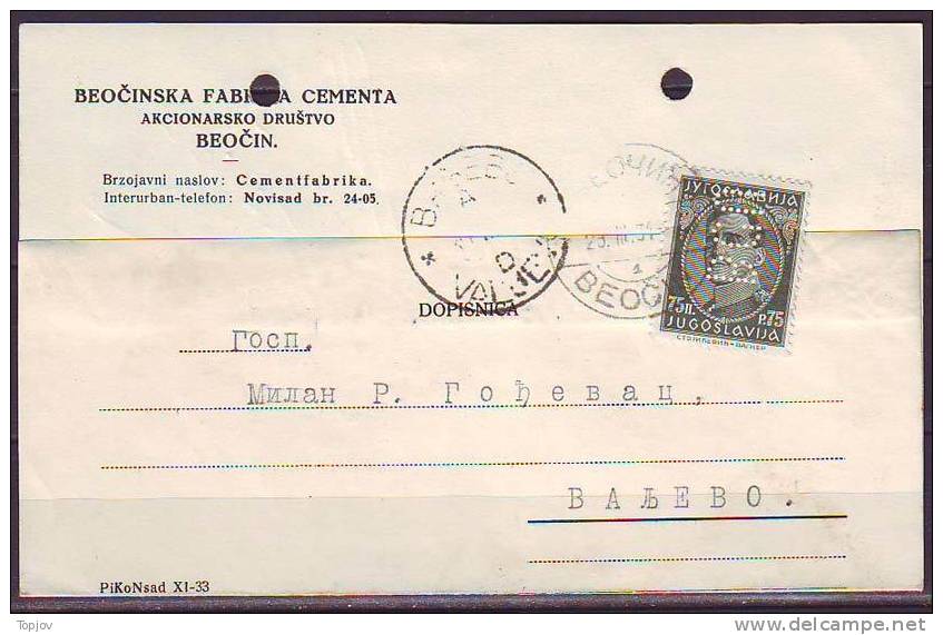 YUGOSLAVIA -JUGOSLAVIJA  - PERFINS  ´´B.G.N.´´ -  CEMENFABRIK - BEOCIN   - 1934 - Perforadas