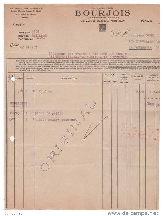 75 PARIS FACTURE 1940 PARFUMERIE BOURJOIS  - T20 - Chemist's (drugstore) & Perfumery