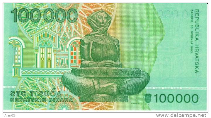 Croatia #27 100,000 Dinara 1993 Banknote Paper Money, R. Boskovic - Croatia