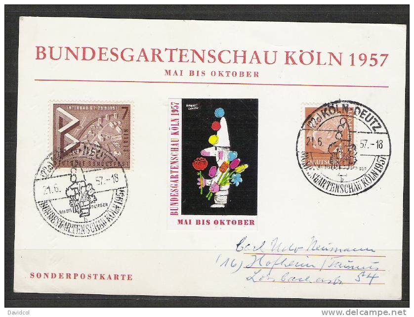 S461.-.BERLIN .-. 1957 .-. MI#:160 . NICE CARD . " BUNDESGARTENSCHAU KOLN 1957 " WIT HLABEL - Lettres & Documents