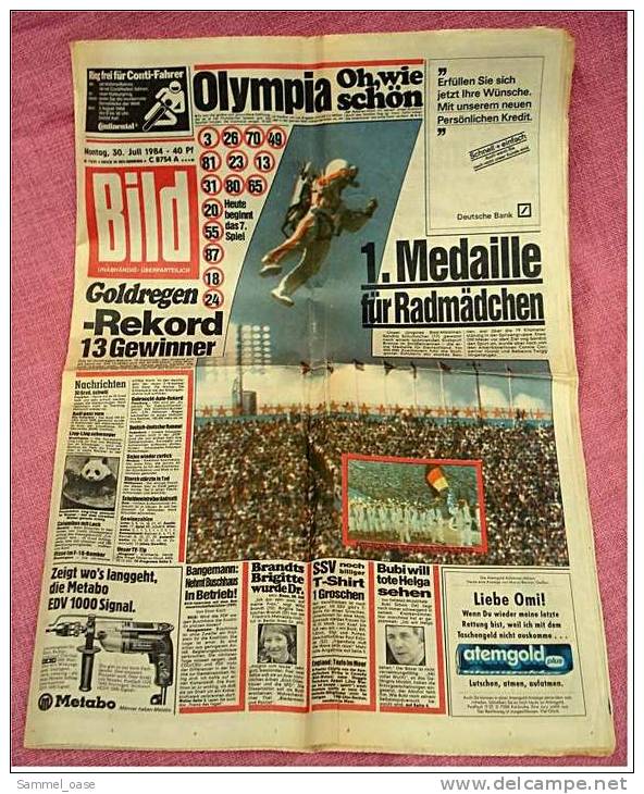 BILD-Zeitung Vom 30. Juli 1984 : Olympia-Eröffnung - Oh , Wie Schön - 1. Medaille Für Radmädchen - Autres & Non Classés