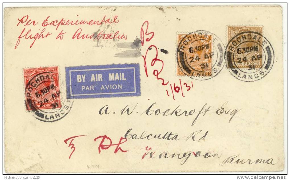 G.B. / Airmail / Burma / Australia / Lancashire / Returned  Mail . - Briefe U. Dokumente