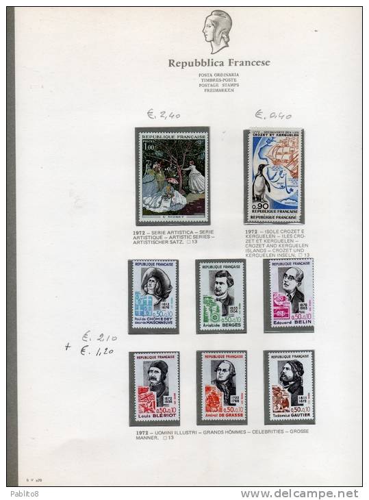 FRANCIA 1972 ANNATA MONTATA SU FOGLI GBE MNH - FRANCE VINTAGE MONTÉ SUR DES FEUILLES - 1970-1979