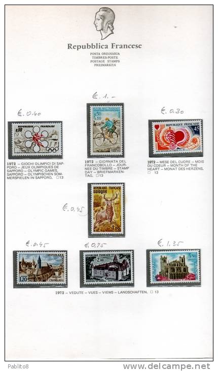 FRANCIA 1972 ANNATA MONTATA SU FOGLI GBE MNH - FRANCE VINTAGE MONTÉ SUR DES FEUILLES - 1970-1979