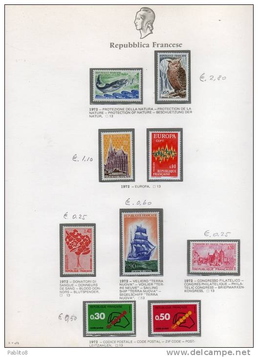 FRANCIA 1972 ANNATA MONTATA SU FOGLI GBE MNH - FRANCE VINTAGE MONTÉ SUR DES FEUILLES - 1970-1979