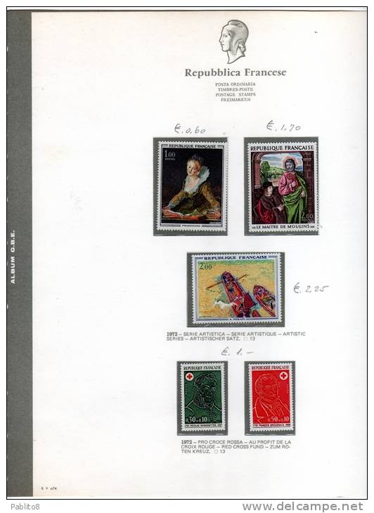 FRANCIA 1972 ANNATA MONTATA SU FOGLI GBE MNH - FRANCE VINTAGE MONTÉ SUR DES FEUILLES - 1970-1979